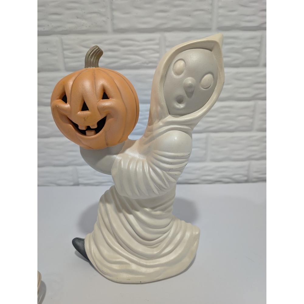 Vintage Ceramic Running Ghost Holding Pumpkin Lighted Halloween Figurine 70s 80s